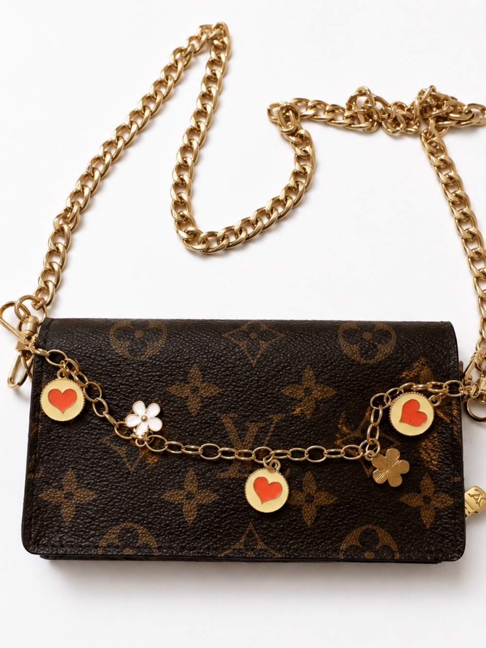 Louis Vuitton Brown Monogram Crossbody wallet with Gold Chain and COA